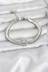 316L Çelik Gümüş Renk Baget Zirkon Taşlı Yılan Zincirli Kadın Bileklik