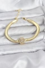 316L Çelik Gold Renk Baget Zirkon Taşlı Yılan Zincirli Kadın Bileklik