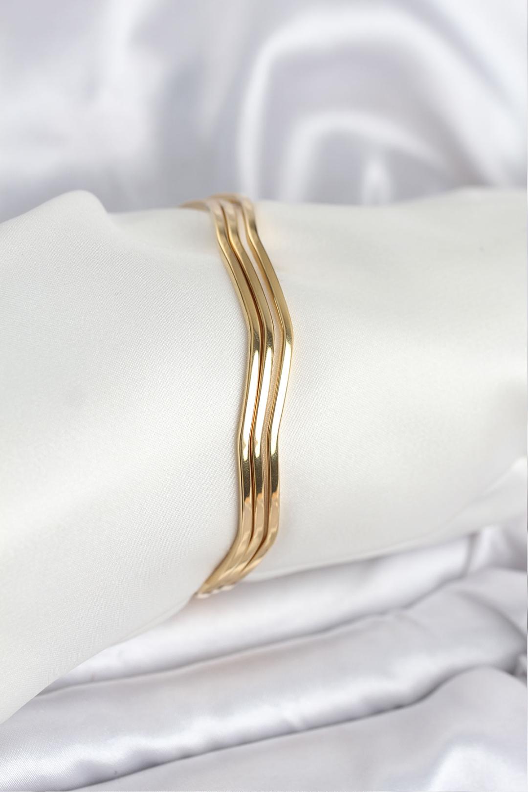 316L Çelik Gold Renk 65 mm Ajda Zikzak Model 3lü Kadın Bileklik