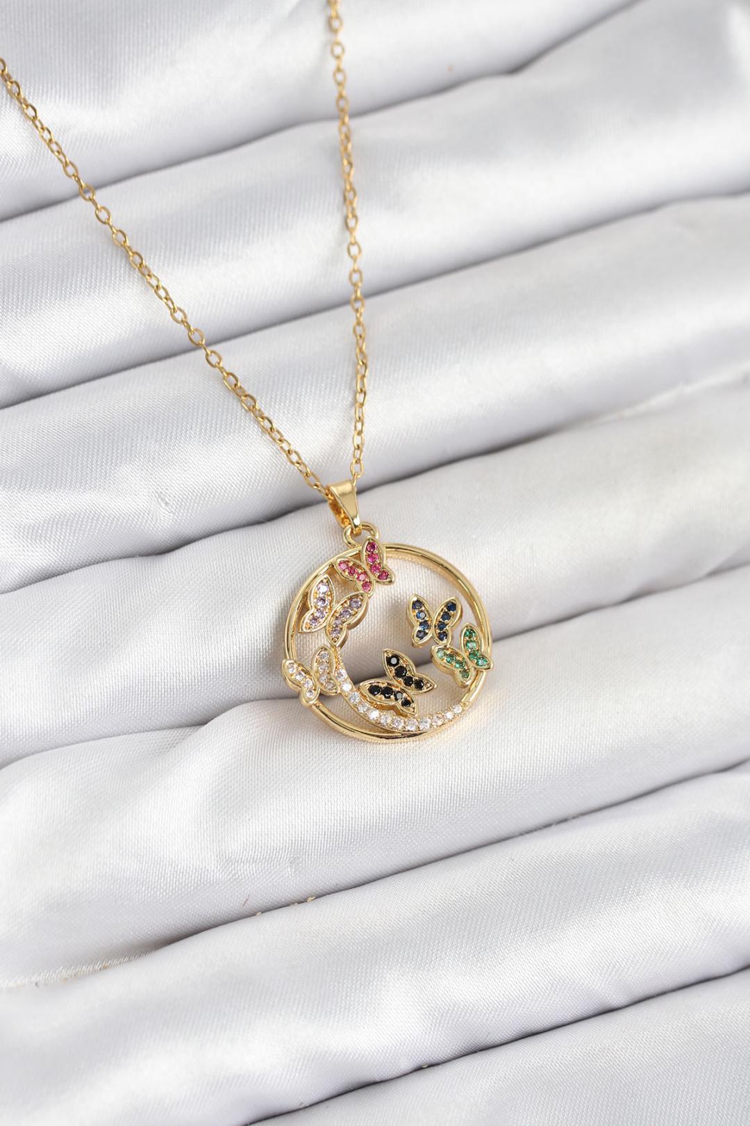 316L Çelik Zincir Gold Renk Zirkon Taşlı Kelebekli Kadın Kolye