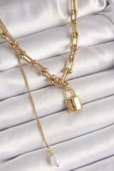 316L Çelik Gold Renk Tifany Zincir Model Kilit Figür Sallantı İnci Detay Kadın Kolye
