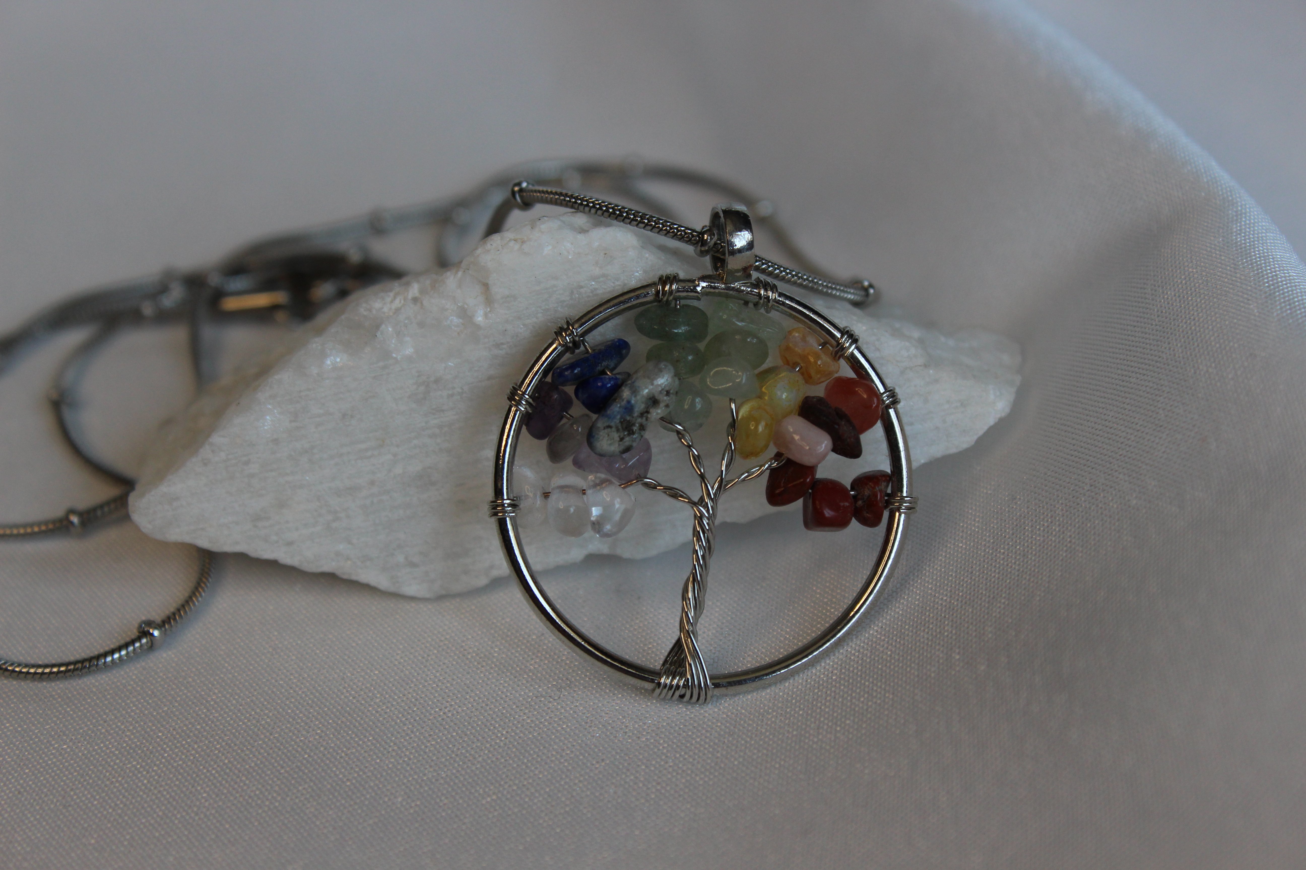 Karışık Doğal Taşlı Yaşam Ağacı Kolyesi (Silver)